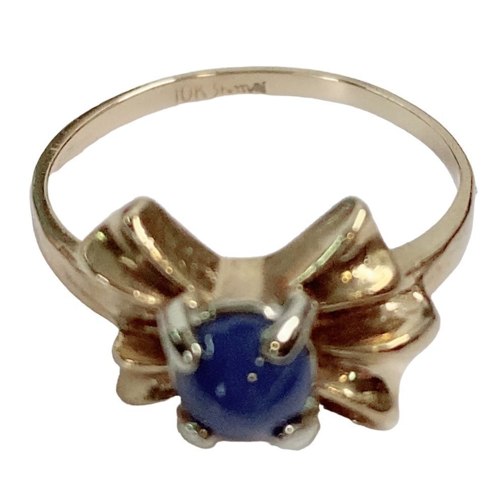 Vintage 10K 10KT Round Star Blue Sapphire Bow Design Yellow Gold Ring - Picture 3 of 7
